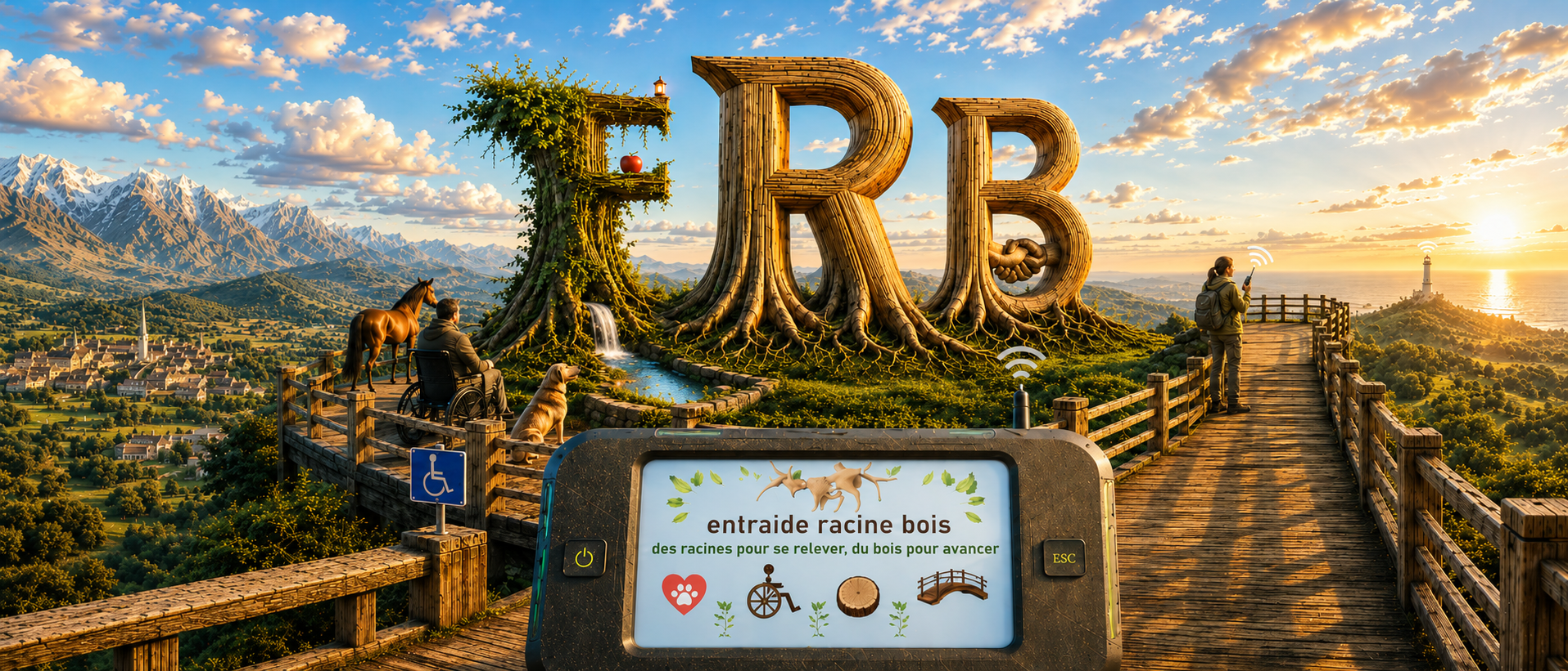 Univers Entraide Racine Bois, console, bois, nature et communication